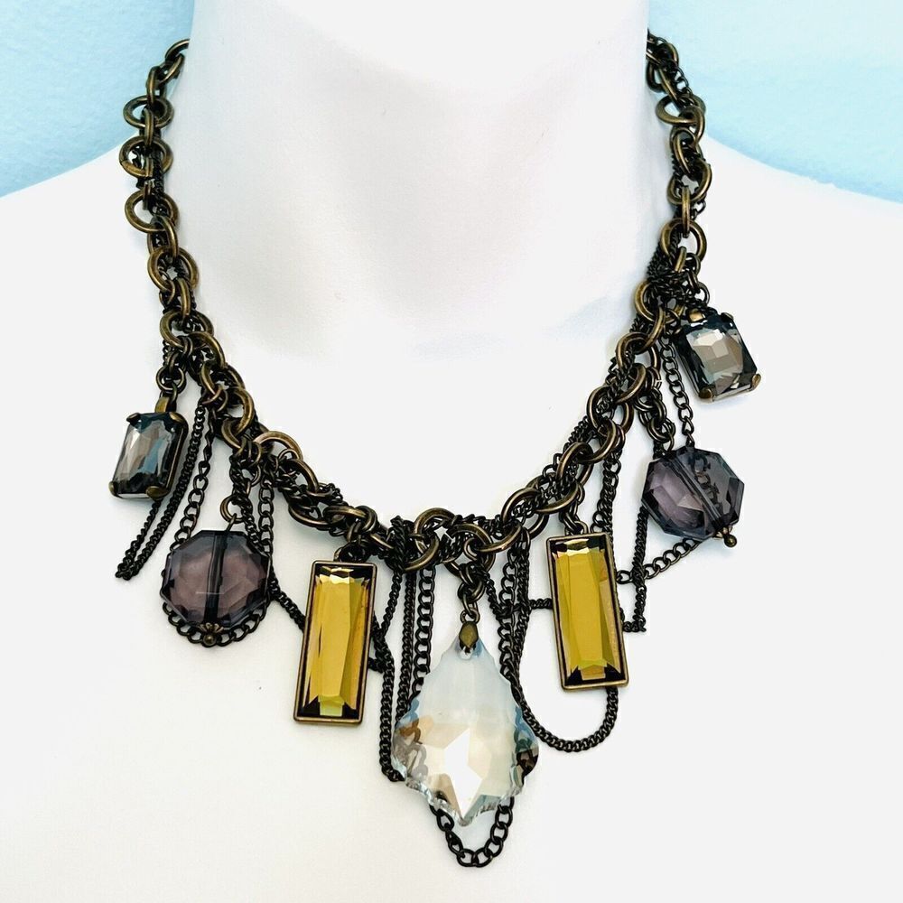 Premier Designs  GLAMOROUS Dramatic Necklace Antiqued Brass Glass Acrylic 4518